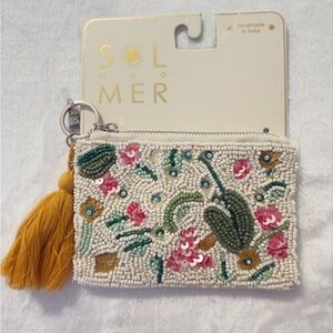 Sol and Mer Ivory Beaded Floral Coin Purse with Tassel